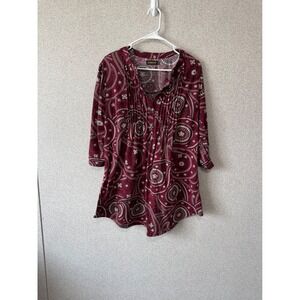 Reborn Burgundy Paisley Bandana Print Pintuck Henley Tunic Top XL 3/4 Sleeve